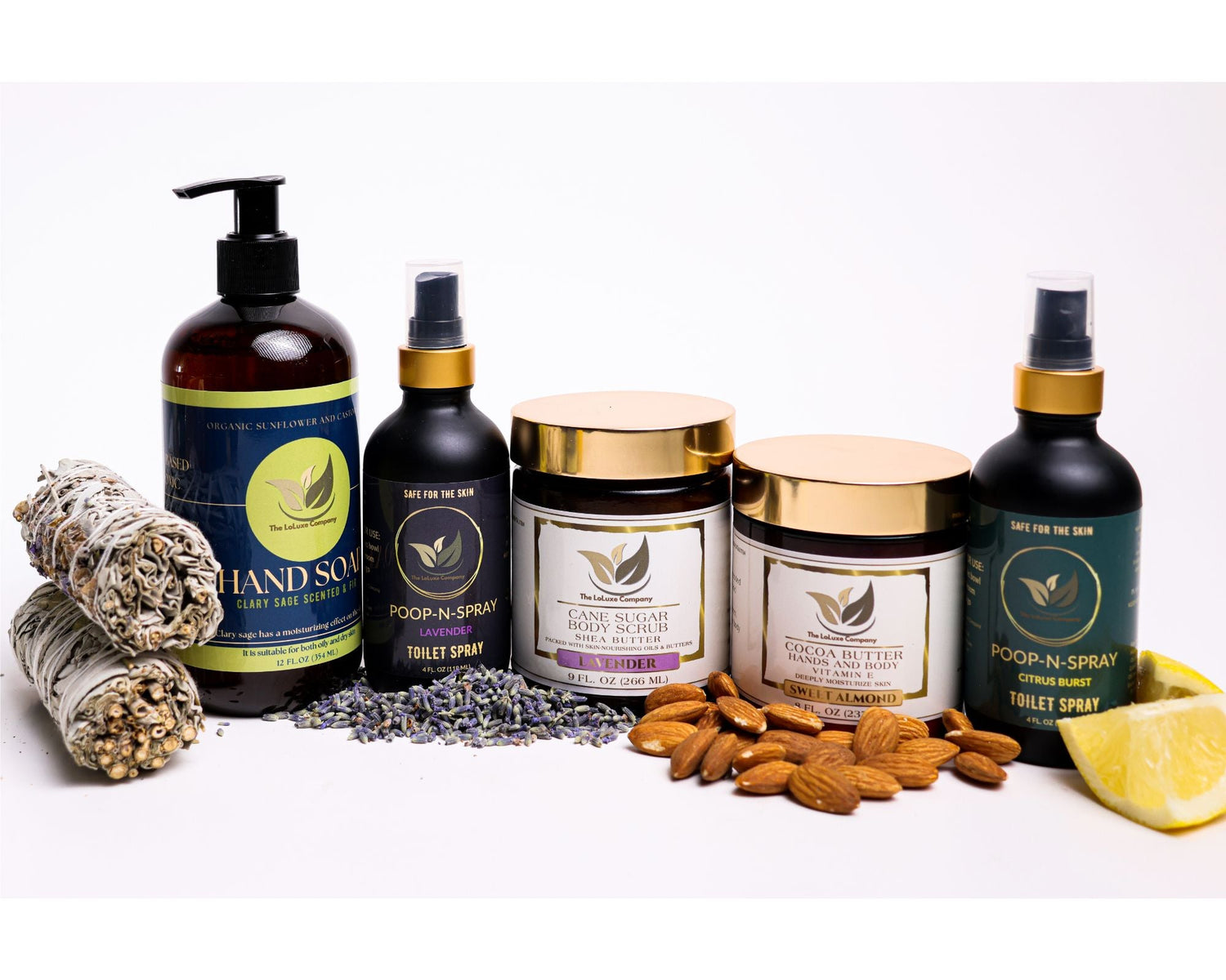 Plant-based hand soap, toilet spray, body butter and body scrub